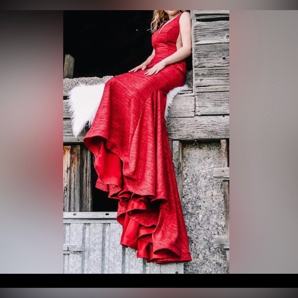 Jovani Iridescent Shimmer Fitted Mermaid Prom Dress Train Pageant Gown - Picture 4 of 10